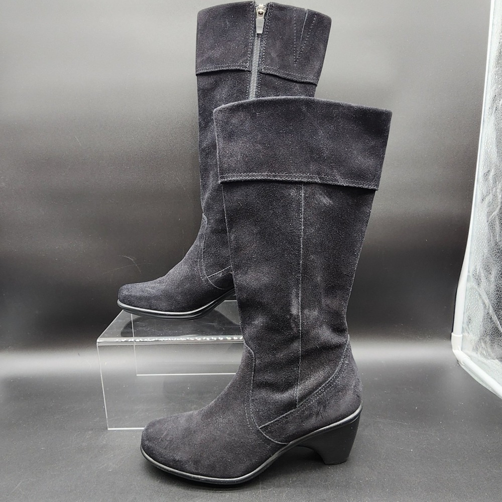 Dansko 38 Black Suede Tall Boots Side Zip Block Heel Comfort Goth Witchy Academ